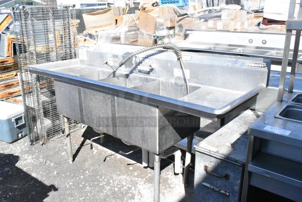 Dual Stainless Steel 3 Bay Sink w/ Dual Drain Boards, Handles and Spray Nozzle. - Image 2 of 8