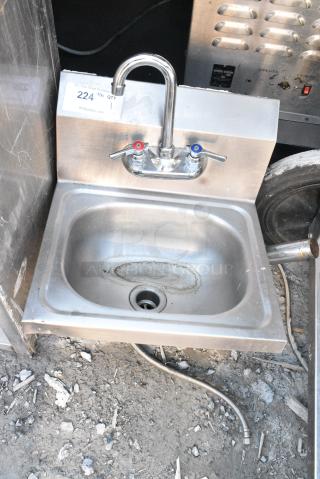 Stainless Steel Single Bay Wall Mount Sink w/ Faucet and Handles.