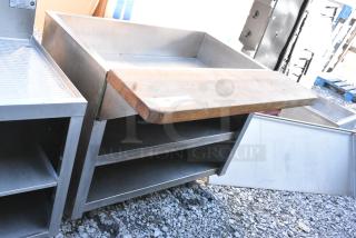 Stainless Steel Ice Bin Buffet Station w/ Butcher Block Cutting Board and 2 Under Shelves.