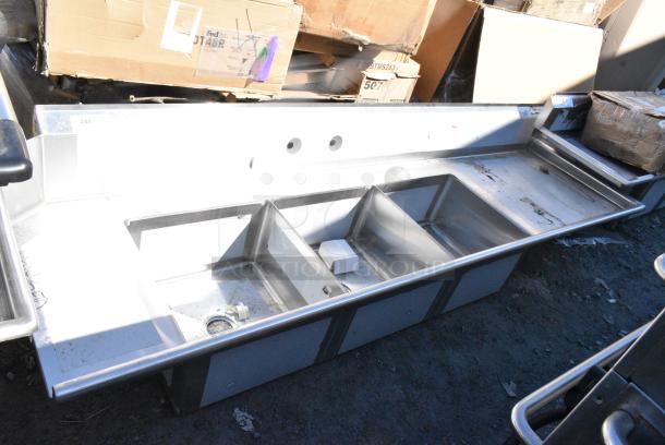 BRAND NEW SCRATCH AND DENT! Regency 600DDTS108R Stainless Steel 3 Bay Sink w/ Dual Drain Boards. No Legs. - Image 1 of 8