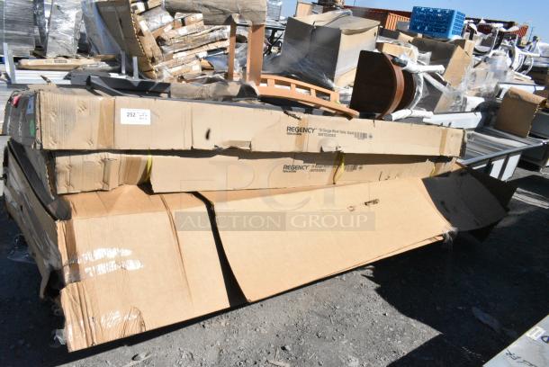 6 BRAND NEW SCRATCH AND DENT! Items Including 2 600TB3096G Regency 30" x 96" 18-Gauge 304 Stainless Steel Commercial Work Table with 4" Backsplash and Galvanized Undershelf, Metal Dining Height Chair w/ Wooden Seat, Wood Pattern Dining Height Window Back Chair Frame. 6 Times Your Bid! May Be Missing Pieces. - Image 1 of 9