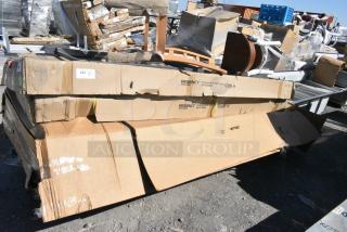 6 BRAND NEW SCRATCH AND DENT! Items Including 2 600TB3096G Regency 30" x 96" 18-Gauge 304 Stainless Steel Commercial Work Table with 4" Backsplash and Galvanized Undershelf, Metal Dining Height Chair w/ Wooden Seat, Wood Pattern Dining Height Window Back Chair Frame. 6 Times Your Bid! May Be Missing Pieces.