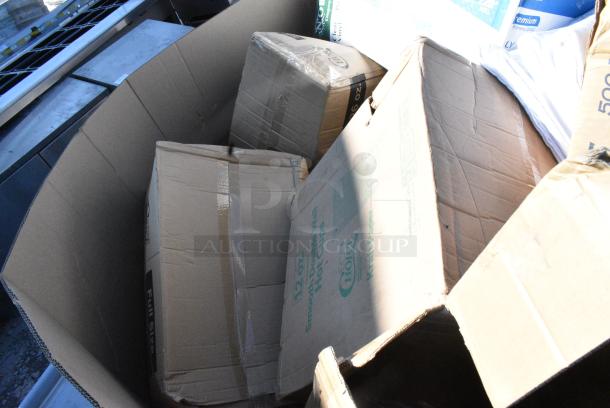 40 BRAND NEW SCRATCH AND DENT! Items Including 130BFORKWP Choice Individually Wrapped Medium Weight Black Polypropylene Plastic Fork - 1000/Case, 500MF993W1C Choice 9" x 9" x 3" 1-Compartment Microwaveable White Mineral-Filled Plastic Hinged Take-Out Container - 150/Case, 760TD24 Customizable Clear Cold Cups, 160SOUP26WPA Containers, 394365XL Powder-Free vinyl gloves, 612FS1116 Choice Full Size Foil Steam Table Pan Shallow 1 11/16" Depth - 50/Case, 50012DWPLAKR EcoChoice 12 oz. Smooth Double Wall Kraft Compostable Paper Hot Cup - 500/Case, 612FFL1230 Choice Foil Steam Table Pan Lid - Full Size - 50/Case. 40 Times Your Bid! - Image 4 of 15