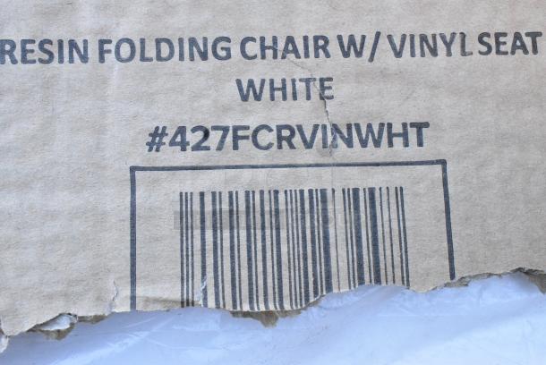 BRAND NEW SCRATCH AND DENT! Lancaster Table & Seating 427FCRVINWHT White Resin Folding Chair with Vinyl Seat.. May Be Missing Pieces. - Image 2 of 2