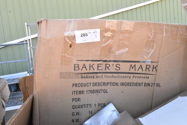 BRAND NEW SCRATCH AND DENT! Bakers Mark 176BIN27GL 27 Gallon / 430 Cup White Slant Top Mobile Ingredient Storage Bin with Sliding Lid & Scoop. May Be Missing Pieces. - Image 1 of 2