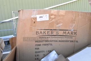 BRAND NEW SCRATCH AND DENT! Bakers Mark 176BIN27GL 27 Gallon / 430 Cup White Slant Top Mobile Ingredient Storage Bin with Sliding Lid & Scoop. May Be Missing Pieces.