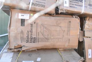 BRAND NEW SCRATCH AND DENT! Bakers Mark 176BIN27GL 27 Gallon / 430 Cup White Slant Top Mobile Ingredient Storage Bin with Sliding Lid & Scoop. May Be Missing Pieces.