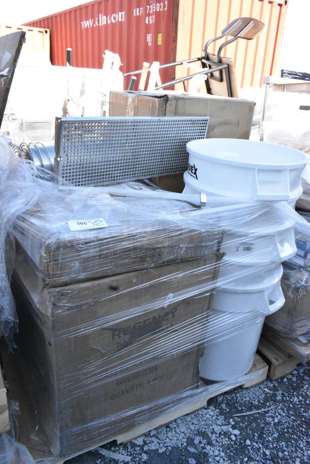 25 BRAND NEW SCRATCH AND DENT! Items Including 5 475TCRND20WH Lavex 20 Gallon White Round Commercial Trash Can, 600GRSU2324 Regency Stainless Steel Corrugated Top Glass Rack Storage Unit - 23" x 24", Stainless Steel Cylindrical Drop In Bins. 25 Times Your Bid! May Be Missing Pieces. - Image 1 of 6