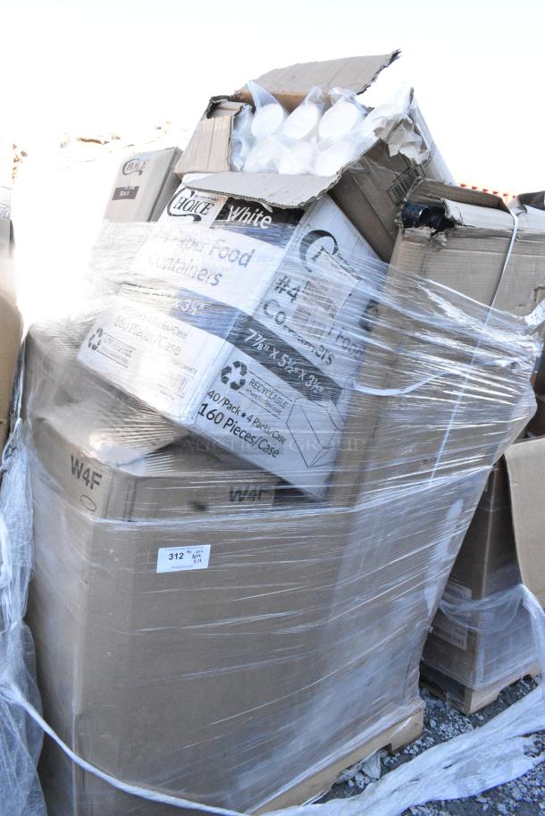 28 BRAND NEW SCRATCH AND DENT! Items Including 760SOUP16WB Choice 16 oz. White Double Poly-Coated Paper Food Cup - 500/Case, 600IB1824 Regency 18" x 24" Underbar Ice Bin - 77 lb., 795PTOWHT4 Choice White Microwavable Folded Paper #4 Take-Out Container 7 3/4" x 5 1/2" x 3 1/2" - 160/Case, 500CC9PLA EcoChoice Plastic Squat Cold Cup, 500MF993B1C Choice 9" x 9" x 3" 1-Compartment Microwaveable Black Mineral-Filled Plastic Hinged Take-Out Container - 150/Case. 28 Times Your Bid! May Be Missing Pieces. - Image 1 of 11