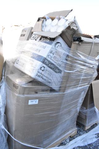 28 BRAND NEW SCRATCH AND DENT! Items Including 760SOUP16WB Choice 16 oz. White Double Poly-Coated Paper Food Cup - 500/Case, 600IB1824 Regency 18" x 24" Underbar Ice Bin - 77 lb., 795PTOWHT4 Choice White Microwavable Folded Paper #4 Take-Out Container 7 3/4" x 5 1/2" x 3 1/2" - 160/Case, 500CC9PLA EcoChoice Plastic Squat Cold Cup, 500MF993B1C Choice 9" x 9" x 3" 1-Compartment Microwaveable Black Mineral-Filled Plastic Hinged Take-Out Container - 150/Case. 28 Times Your Bid! May Be Missing Pieces.