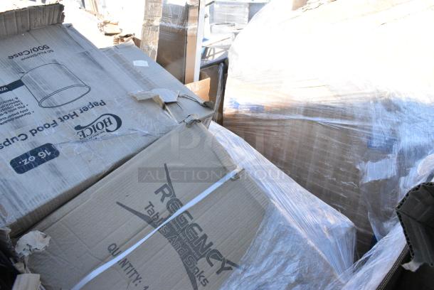 28 BRAND NEW SCRATCH AND DENT! Items Including 760SOUP16WB Choice 16 oz. White Double Poly-Coated Paper Food Cup - 500/Case, 600IB1824 Regency 18" x 24" Underbar Ice Bin - 77 lb., 795PTOWHT4 Choice White Microwavable Folded Paper #4 Take-Out Container 7 3/4" x 5 1/2" x 3 1/2" - 160/Case, 500CC9PLA EcoChoice Plastic Squat Cold Cup, 500MF993B1C Choice 9" x 9" x 3" 1-Compartment Microwaveable Black Mineral-Filled Plastic Hinged Take-Out Container - 150/Case. 28 Times Your Bid! May Be Missing Pieces. - Image 10 of 11