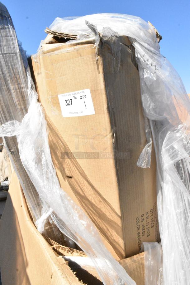 BRAND NEW SCRATCH AND DENT! Lancaster Table & Seating 349TRASHM32 Waste 32 Gallon Mahogany Receptacle Enclosure with Drop Hole and Tray Shelf. May Be Missing Pieces. - Image 1 of 2