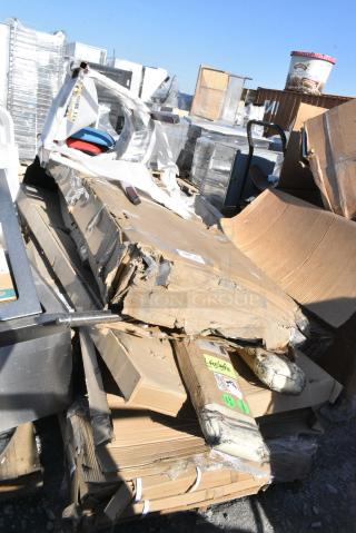 10 BRAND NEW SCRATCH AND DENT! Items Including 3493096ANTWA Lancaster Table & Seating Industrial 30" x 96" Solid Wood Live Edge Table Top with Rustic Walnut Finish, 600TSB3048S Regency 30" x 48" 16-Gauge Stainless Steel Commercial Work Table with 4" Backsplash and Undershelf, 600TSB3072S Regency 30" x 72" 16-Gauge Stainless Steel Commercial Work Table with 4" Backsplash and Undershelf. 10 Times Your Bid! May Be Missing Pieces.