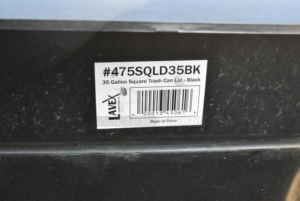 BRAND NEW SCRATCH AND DENT! Lavex 475SQ50BK 50 Gallon Black Square Trash Can w/ Lavex 475SQLD35BK 35 / 50 Gallon Black Square Trash Can Swing Lid - Image 4 of 4