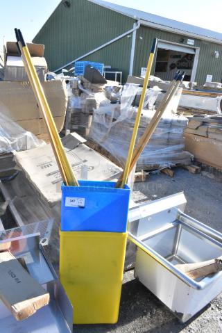 9 BRAND NEW SCRATCH AND DENT! Items Including 2 Poly Bins and Mop Handles. 9 Times Your Bid!
