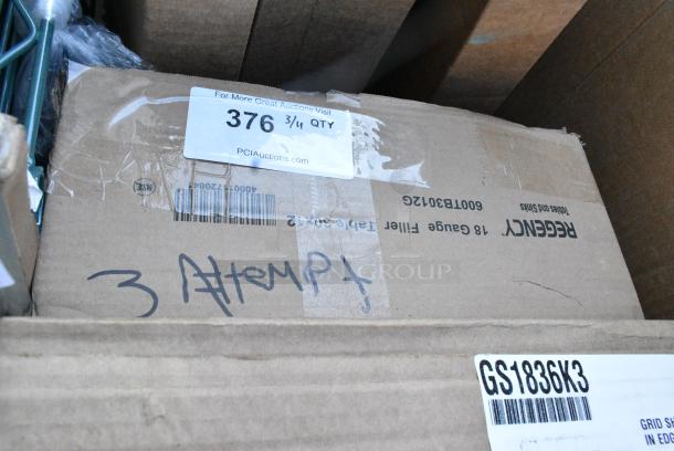 BRAND NEW SCRATCH AND DENT! Regency 600TB3012G 30" x 12" 18-Gauge 304 Stainless Steel Equipment Filler Table with Backsplash and Galvanized Undershelf. May Be Missing Pieces. - Image 1 of 2