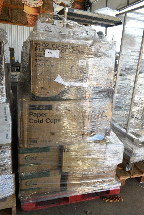 28 BRAND NEW SCRATCH AND DENT! Items Including 760PCC07W Choice 7 oz. White Poly Paper Cold Cup - 2000/Case, 500CC16 Choice Clear PET Customizable Plastic Cold Cup - 16 oz. - 1000/Case, 130CLKNIFEH Choice Clear Heavy Weight Polystyrene Plastic Knife - 1000/Case, 130WSPOON Choice Medium Weight White Polypropylene Plastic Teaspoon - 1000/Case, 130BGSPOONH Choice Beige Heavy Weight Plastic Teaspoon - 1000/Case, 395TO991 EcoChoice 9" x 9" x 3" Compostable No PFAS Added Bamboo / Bagasse 1 Compartment Take-Out Box - 200/Case. 28 Times Your Bid! - Image 1 of 12