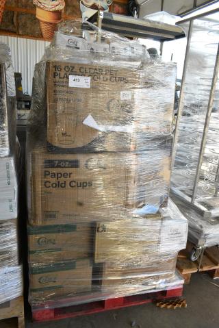 28 BRAND NEW SCRATCH AND DENT! Items Including 760PCC07W Choice 7 oz. White Poly Paper Cold Cup - 2000/Case, 500CC16 Choice Clear PET Customizable Plastic Cold Cup - 16 oz. - 1000/Case, 130CLKNIFEH Choice Clear Heavy Weight Polystyrene Plastic Knife - 1000/Case, 130WSPOON Choice Medium Weight White Polypropylene Plastic Teaspoon - 1000/Case, 130BGSPOONH Choice Beige Heavy Weight Plastic Teaspoon - 1000/Case, 395TO991 EcoChoice 9" x 9" x 3" Compostable No PFAS Added Bamboo / Bagasse 1 Compartment Take-Out Box - 200/Case. 28 Times Your Bid!