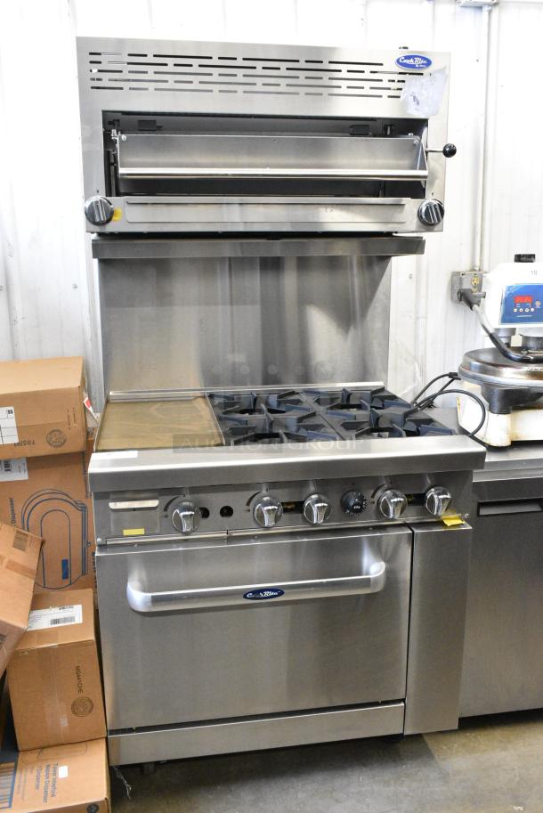 BRAND NEW! Cookrite ATO-12G4B Stainless Steel Commercial Propane Gas Powered 4 Burner Range w/ Left Side Flat Top Griddle, Oven and Salamander Cheese Melter on Commercial Casters. - Image 1 of 15