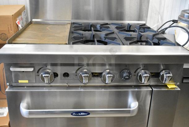 BRAND NEW! Cookrite ATO-12G4B Stainless Steel Commercial Propane Gas Powered 4 Burner Range w/ Left Side Flat Top Griddle, Oven and Salamander Cheese Melter on Commercial Casters. - Image 12 of 15