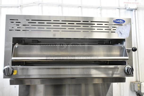 BRAND NEW! Cookrite ATO-12G4B Stainless Steel Commercial Propane Gas Powered 4 Burner Range w/ Left Side Flat Top Griddle, Oven and Salamander Cheese Melter on Commercial Casters. - Image 14 of 15