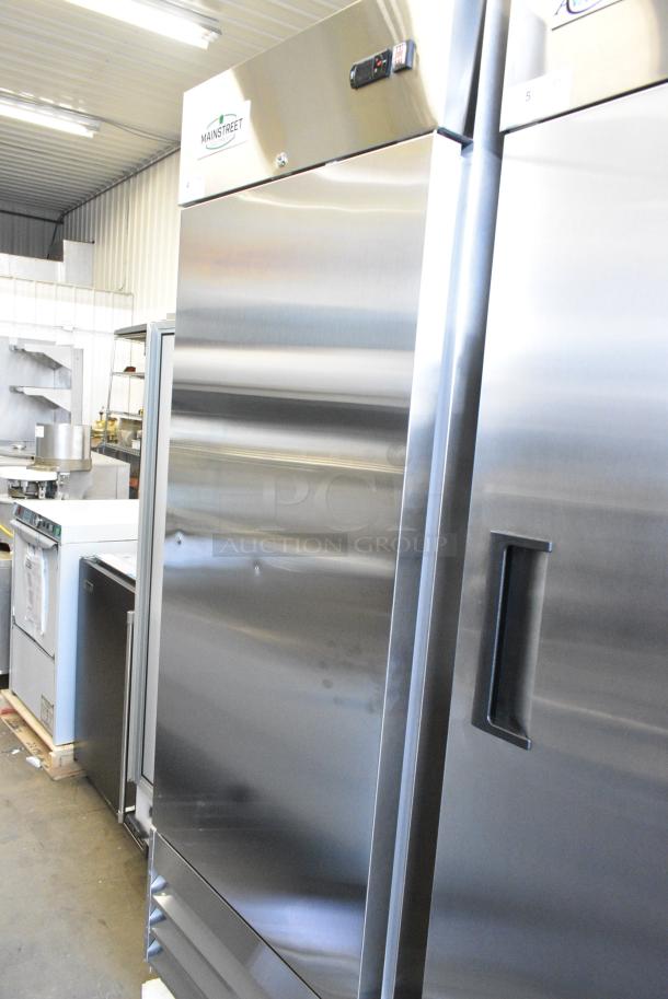 BRAND NEW SCRATCH AND DENT! 2024 Mainstreet 829BMR23R Stainless Steel Commercial Single Door Reach In Cooler w/ Poly Coated Racks on Commercial Casters. 115 Volts, 1 Phase. Tested and Working! - Image 1 of 7