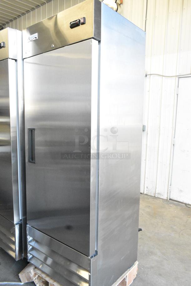 BRAND NEW SCRATCH AND DENT! 2024 Avantco 178A19FHC Stainless Steel Commercial Single Door Reach In Freezer w/ Poly Coated Racks on Commercial Casters. 115 Volts, 1 Phase. Tested and Powers On But Does Not Get Cold - Image 1 of 6