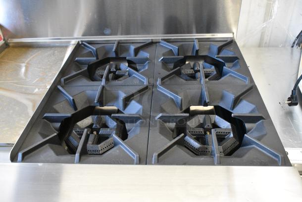 BRAND NEW! Cookrite ATO-12G4B Stainless Steel Commercial Propane Gas Powered 4 Burner Range w/ Left Side Flat Top Griddle, Oven and Salamander Cheese Melter on Commercial Casters. - Image 3 of 15