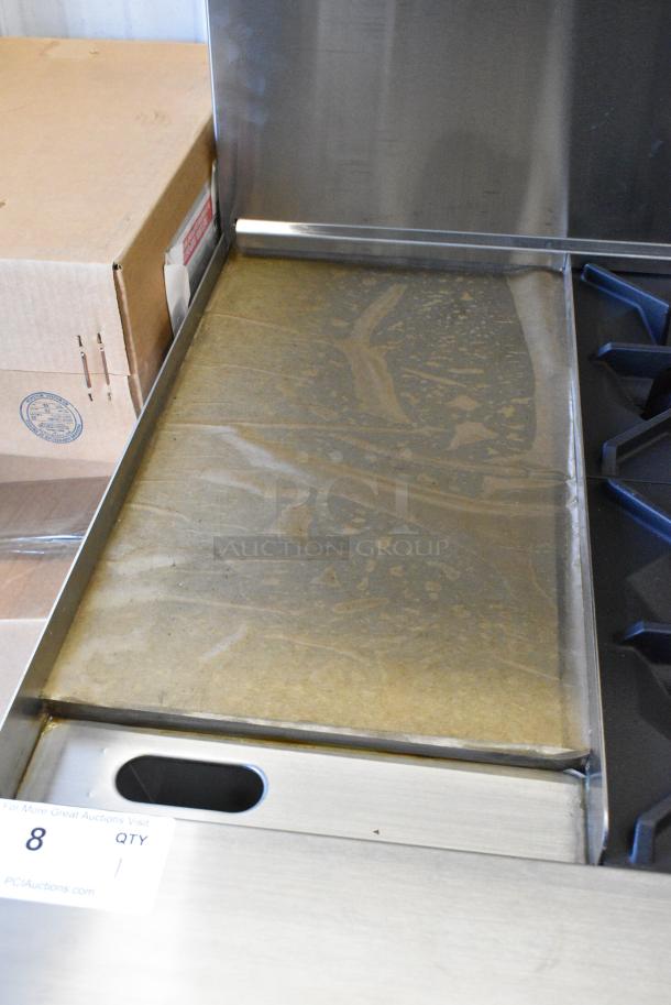 BRAND NEW! Cookrite ATO-12G4B Stainless Steel Commercial Propane Gas Powered 4 Burner Range w/ Left Side Flat Top Griddle, Oven and Salamander Cheese Melter on Commercial Casters. - Image 4 of 15