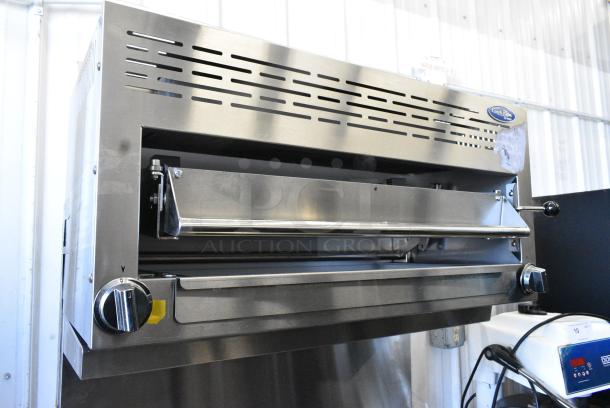 BRAND NEW! Cookrite ATO-12G4B Stainless Steel Commercial Propane Gas Powered 4 Burner Range w/ Left Side Flat Top Griddle, Oven and Salamander Cheese Melter on Commercial Casters. - Image 5 of 15