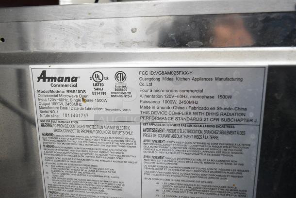 2018 Amana RMS10DS Stainless Steel Commercial Countertop Microwave Oven. 120 Volts, 1 Phase. - Image 6 of 6