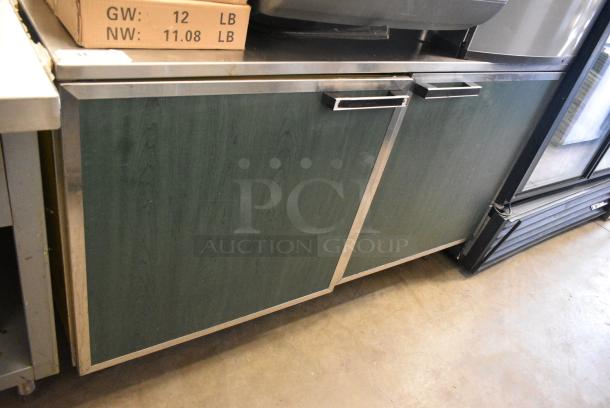 Duke Stainless Steel Commercial Counter w/ 2 Green Wood Pattern Doors and Back Splash. - Image 1 of 4