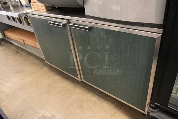 Duke Stainless Steel Commercial Counter w/ 2 Green Wood Pattern Doors and Back Splash. - Image 2 of 4