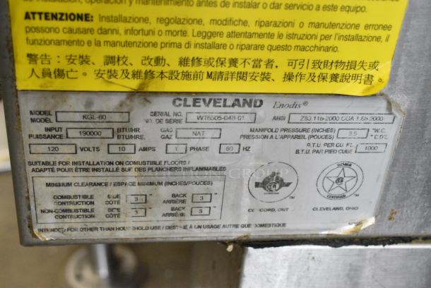 Cleveland KGL-60 Stainless Steel Commercial Floor Style Natural Gas Powered 60 Gallon Stationary 2/3 Steam Jacketed Kettle. 190,000 BTU. - Image 8 of 8