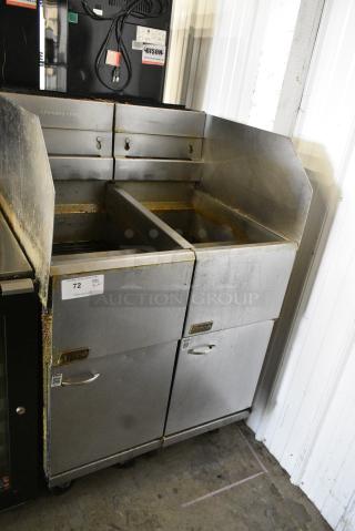 2 Pitco Frialator Stainless Steel Commercial Floor Style Natural Gas Powered Deep Fat Fryer w/ 2 Side Splash Guard and 1 Adapter on Commercial Casters. 2 Times Your Bid!