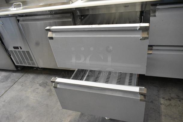 BRAND NEW SCRATCH AND DENT! 2024 Avantco 178SSPPT3 Stainless Steel Commercial 94" 3 Door Refrigerated Pizza Prep Table w/ 4 Drawers and 1 Door on Commercial Casters. 115 Volts, 1 Phase. Tested and Working! - Image 10 of 14