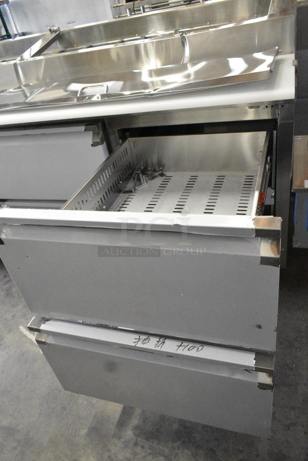 BRAND NEW SCRATCH AND DENT! 2024 Avantco 178SSPPT3 Stainless Steel Commercial 94" 3 Door Refrigerated Pizza Prep Table w/ 4 Drawers and 1 Door on Commercial Casters. 115 Volts, 1 Phase. Tested and Working! - Image 11 of 14
