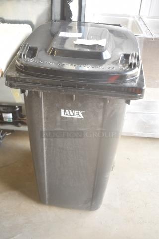 BRAND NEW SCRATCH AND DENT! Lavex 475TCWHL50BK 50 Gallon Black Wheeled Rectangular Trash Can with Lid