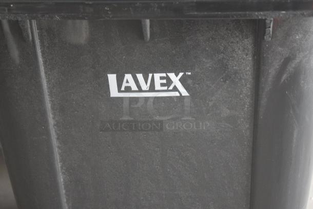 BRAND NEW SCRATCH AND DENT! Lavex 475TCWHL50BK 50 Gallon Black Wheeled Rectangular Trash Can with Lid - Image 2 of 7