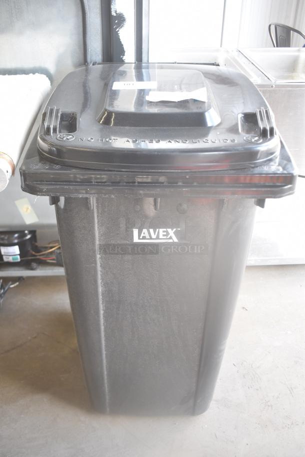BRAND NEW SCRATCH AND DENT! Lavex 475TCWHL50BK 50 Gallon Black Wheeled Rectangular Trash Can with Lid - Image 3 of 7