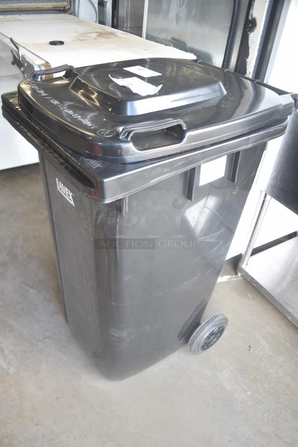 BRAND NEW SCRATCH AND DENT! Lavex 475TCWHL50BK 50 Gallon Black Wheeled Rectangular Trash Can with Lid - Image 5 of 7