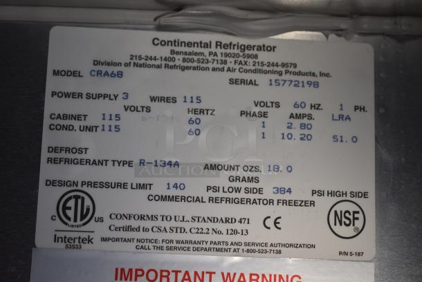 2017 Continental CRA68 Stainless Steel Commercial 3 Door Undercounter Cooler. 115 Volts, 1 Phase. Tested and Powers On But Does Not Get Cold - Image 7 of 8