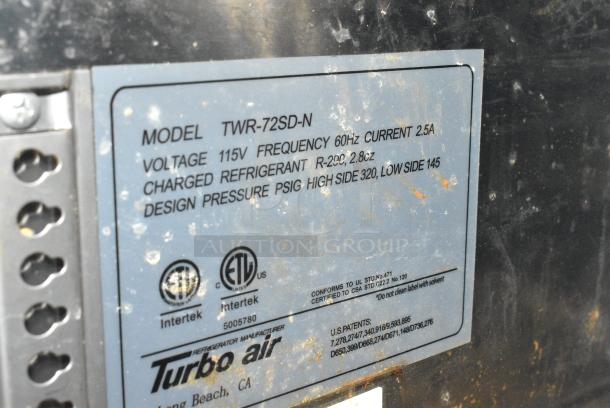 Turbo Air TWR-72SD-N Stainless Steel Commercial Prep Table w/ 2 Tier Over Shelf on Commercial Casters. 115 Volts, 1 Phase. Tested and Working! - Image 8 of 9