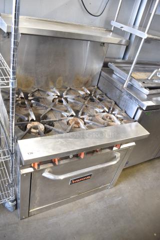Sierra SR-6-36 Stainless Steel Commercial Natural Gas Powered 6 Burner Range w/ Oven, Back Splash and Over Shelf.
