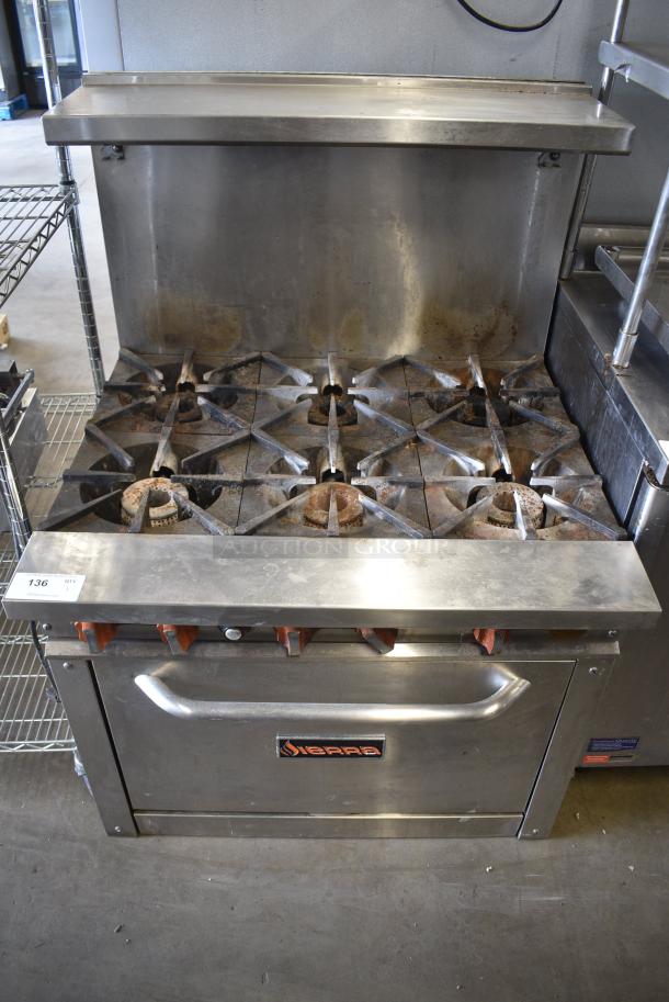 Sierra SR-6-36 Stainless Steel Commercial Natural Gas Powered 6 Burner Range w/ Oven, Back Splash and Over Shelf. - Image 2 of 12
