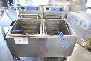 Globe PF32E Stainless Steel Commercial Countertop Electric Powered 2 Bay Fryer w/ 2 Metal Fry Baskets. 208/240 Volts, 1 Phase.