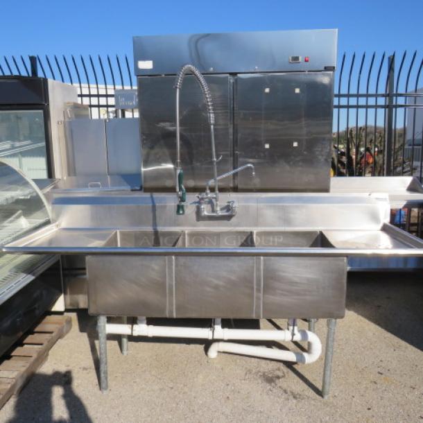 One 3 Compartment Stainless Steel Sink With R/L Drain Boards, And Faucet With Hose Sprayer. 90X30X42.5. Sink 18X24X14. - Image 1 of 3
