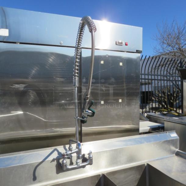 One 3 Compartment Stainless Steel Sink With R/L Drain Boards, And Faucet With Hose Sprayer. 90X30X42.5. Sink 18X24X14. - Image 2 of 3