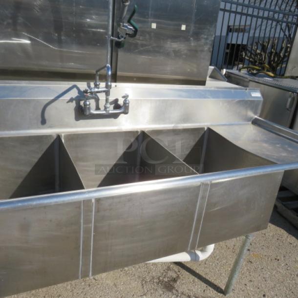 One 3 Compartment Stainless Steel Sink With R/L Drain Boards, And Faucet With Hose Sprayer. 90X30X42.5. Sink 18X24X14. - Image 3 of 3
