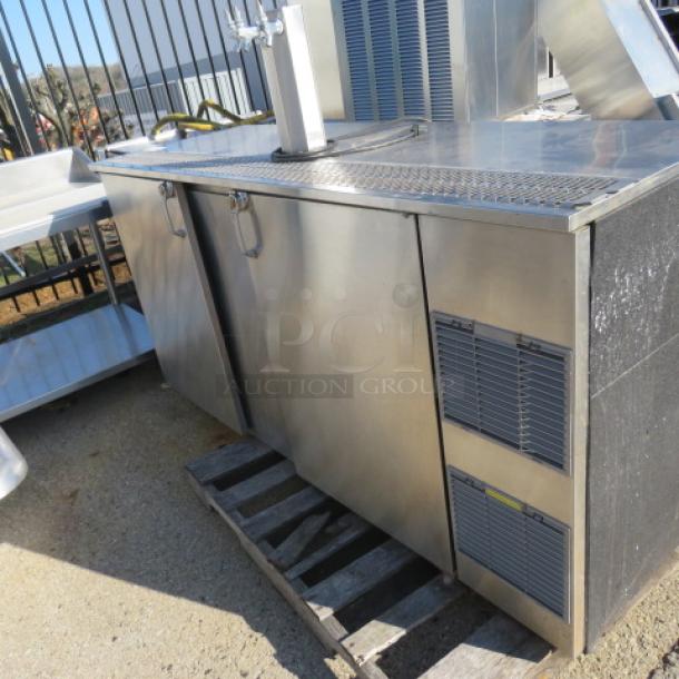 One WORKING Stainless Steel Glastender 2 Door Kegorator With 1 Tower With 3 Taps, On Casters. 115 Volt. Model# KC72. 72X25X54.  $5070.45. - Image 1 of 1